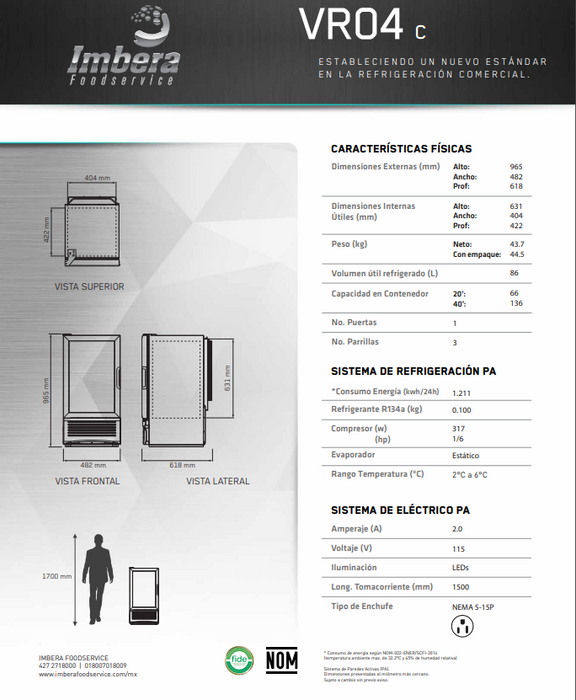 REFRIGERADOR UNA PUERTA MOD. VL40 (VR04)