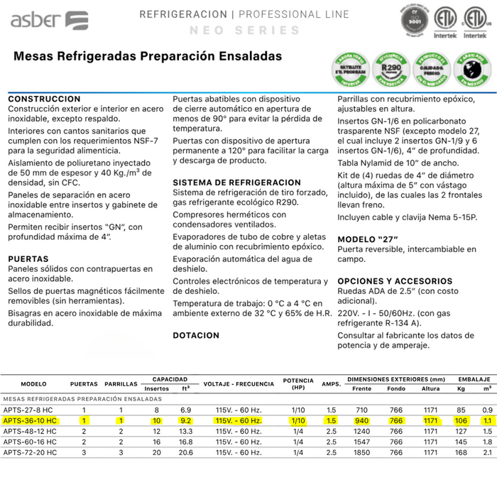 MESA REFRIGERADA DE PREPARACION ENSALADAS 2 P APTS-36-10-HC