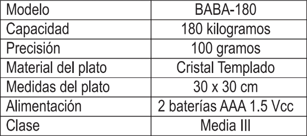 BASCULA DE BAÑO 180KG/100G BABA-180