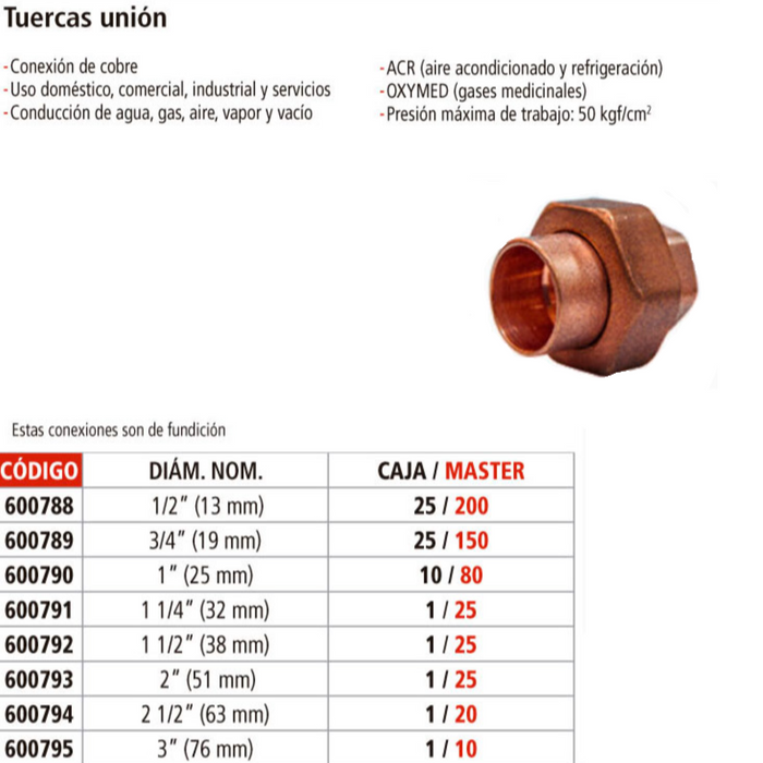 TUERCA UNION DE COBRE 3/4