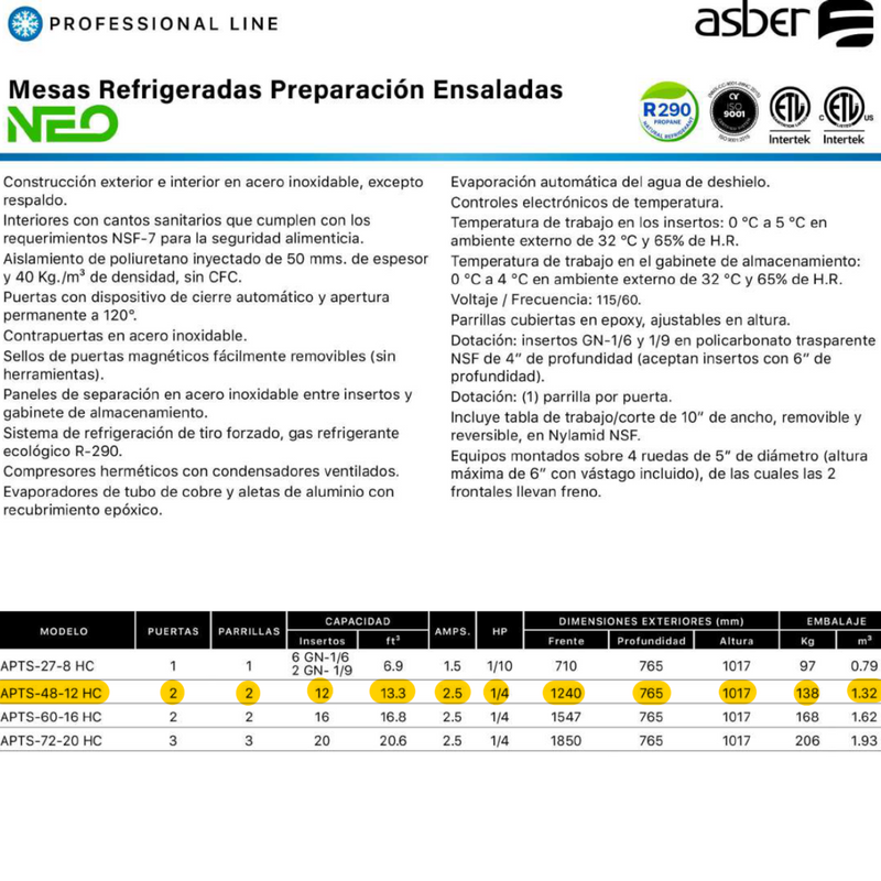 MESA REFRIGERADA DE PREPARACION ENSALADAS 2P 12 INS.APTS4812