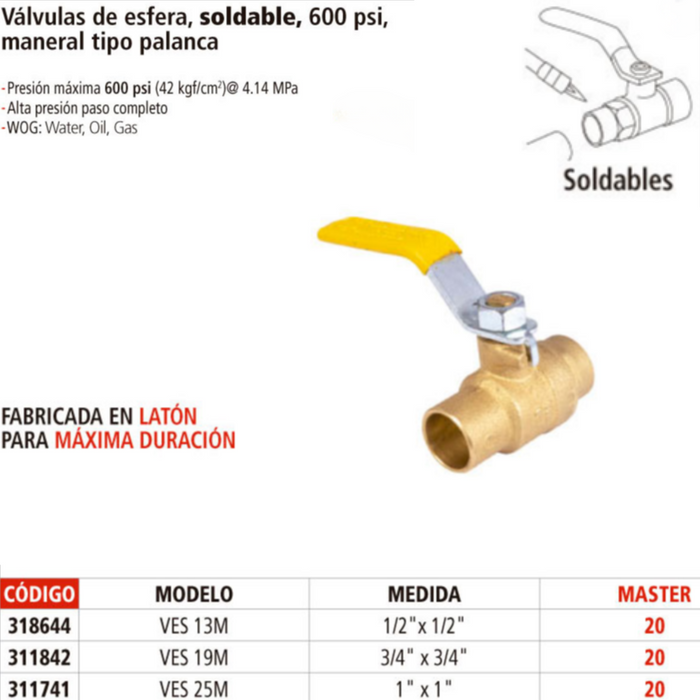 VALVULA SOLDABLE 600 PSI 3/4"