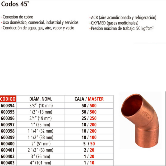 CODO COBRE 45° DE 1"