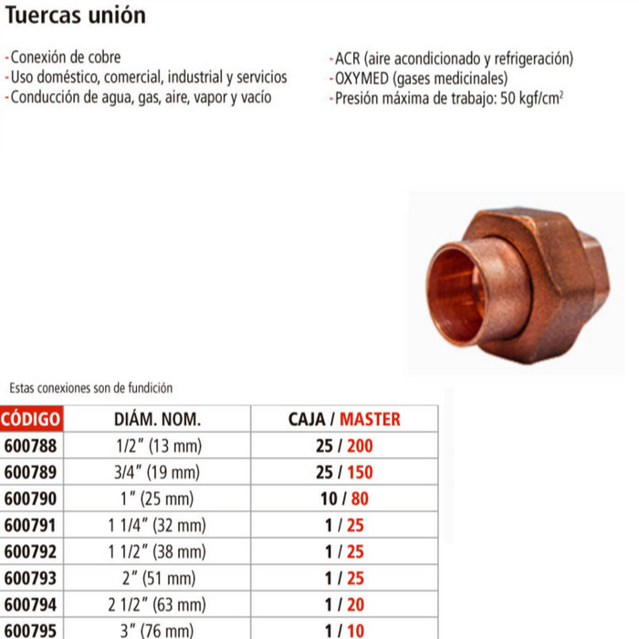 TUERCA UNION DE COBRE 1/2