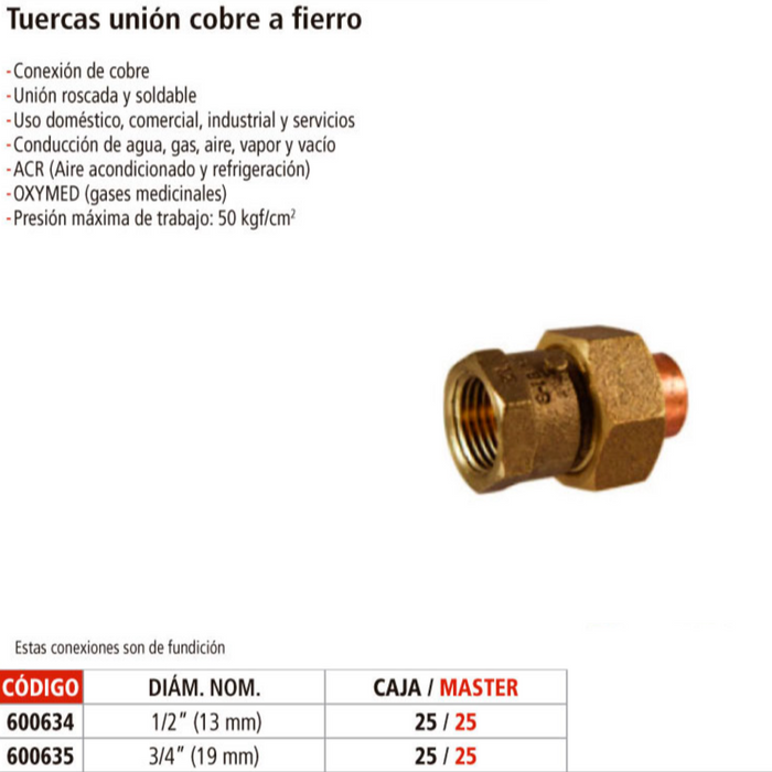 TUERCA UNION COBRE A FIERRO 1/2"