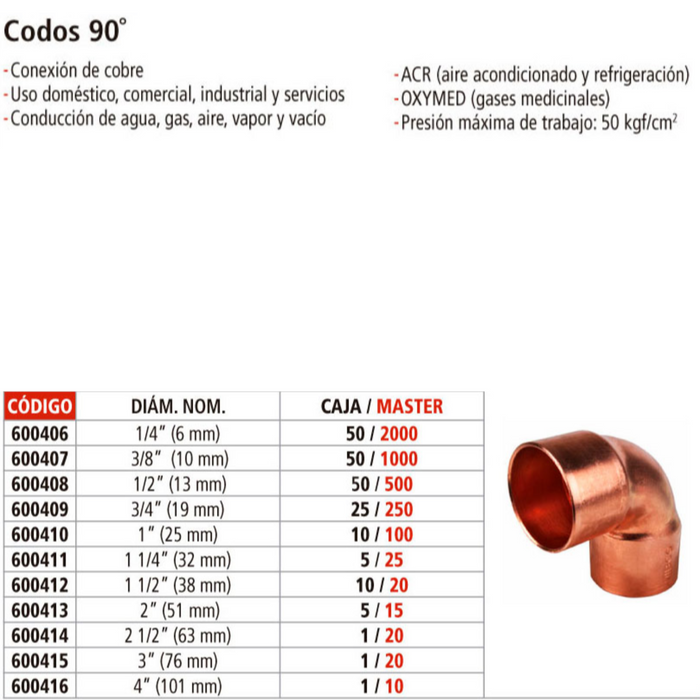 CODO 90° COBRE DE 1/2