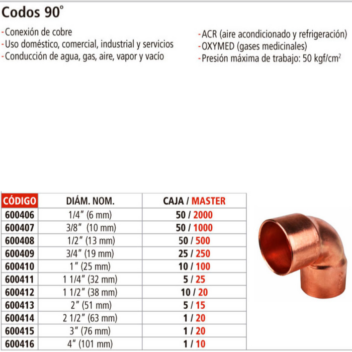 CODO 90° COBRE DE 3/4