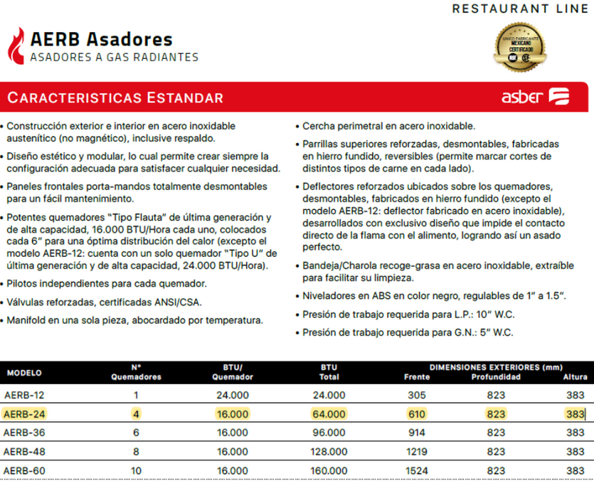 ASADOR  RADIANTE ASBER  AERB-24 ACERO INOX. 24"  AERB-24