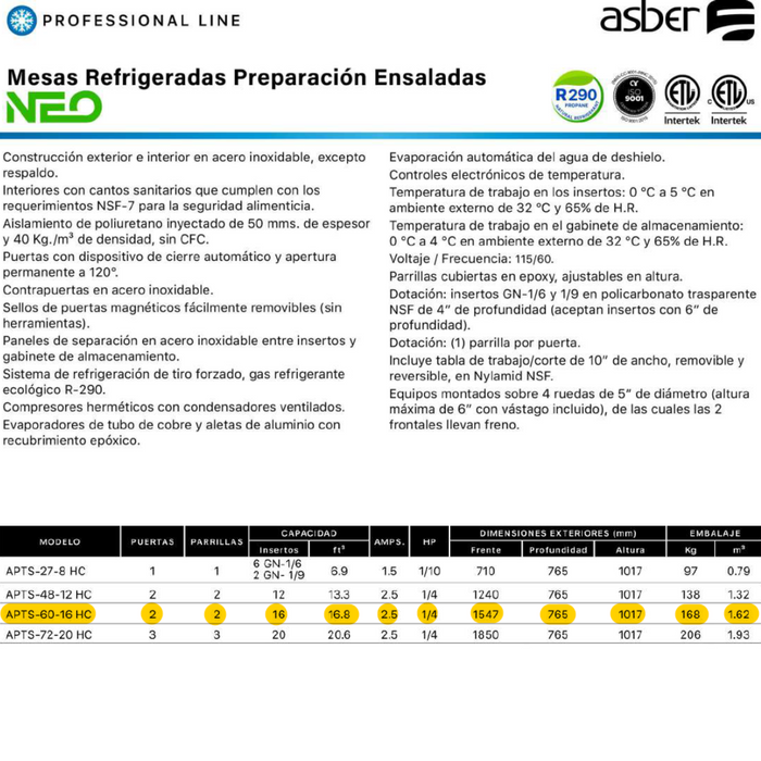 MESA REFRIGERADA DE PREPARACION ENSALADAS 2P 16 INS.APTS6016