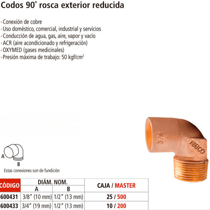 CODO COBRE SOLDABLE DE 3/4 X 1/2 MACHO NPT