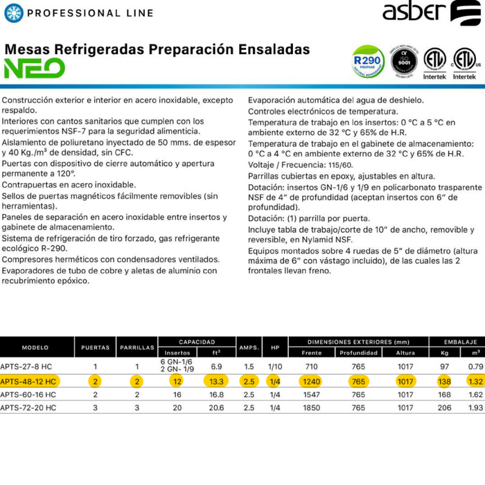 MESA REFRIGERADA DE PREPARACION ENSALADAS 2P 12 INS.APTS4812