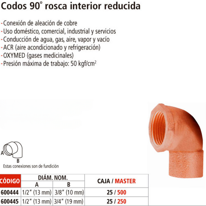 CODO COBRE SOLDABLE DE 3/4 X 1/2 HEMBRA NPT