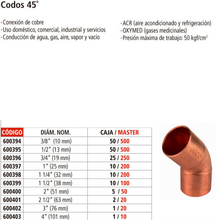 CODO COBRE 45° DE 1/2