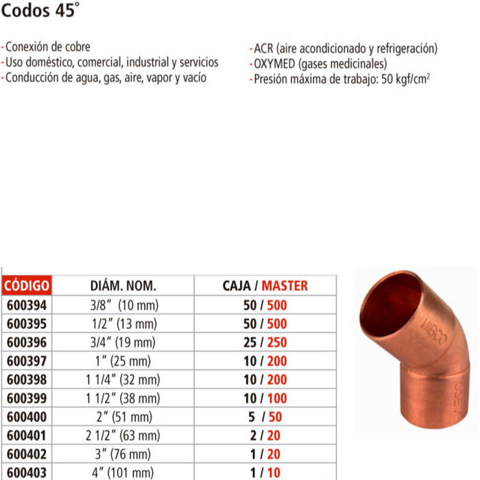 CODO COBRE 45° DE 3/4