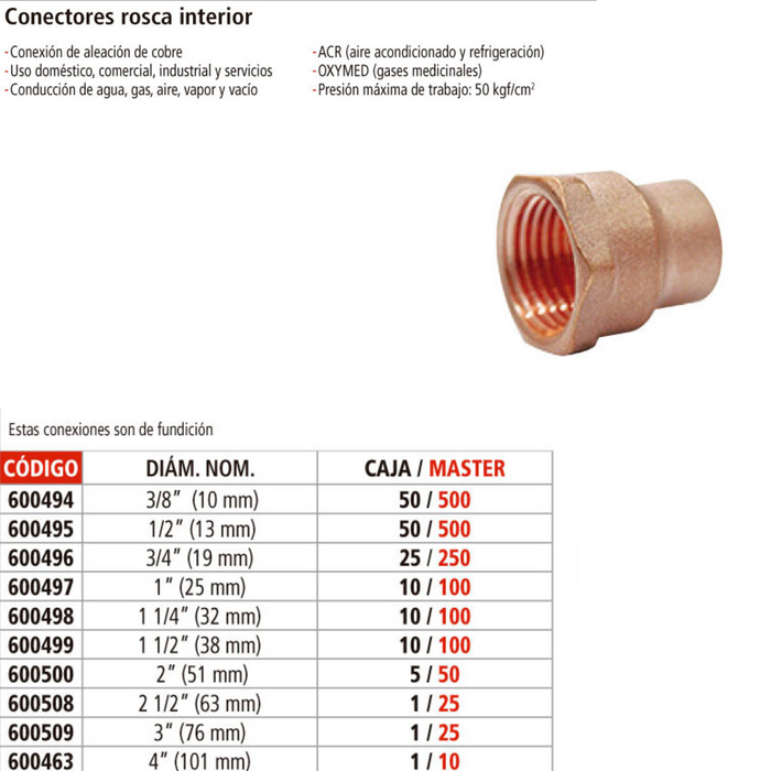 CONECTOR COBRE HEMBRA ROSCA INTERIOR 1/2