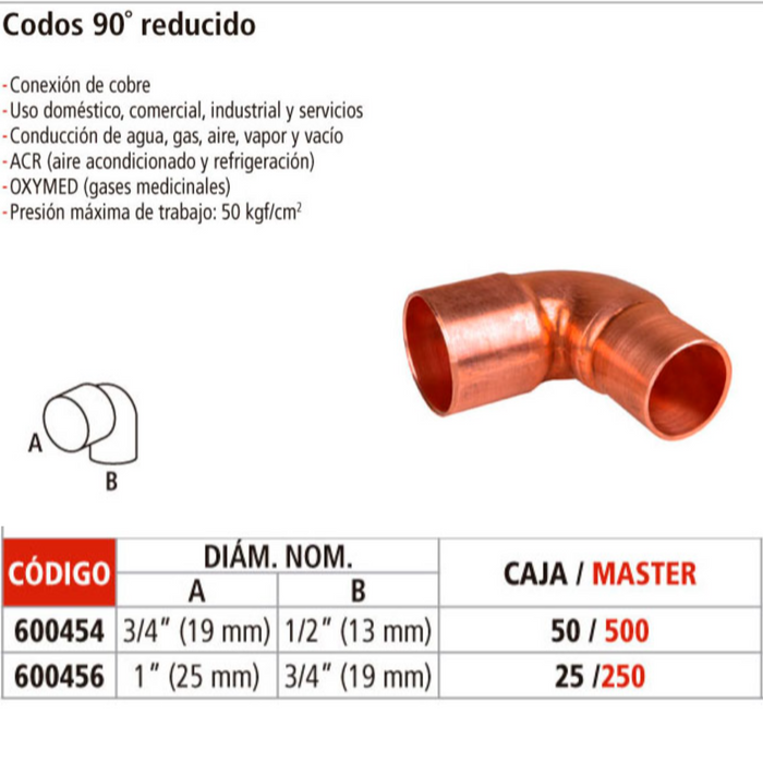 CODO COBRE REDUCCION DE 1"X3/4"