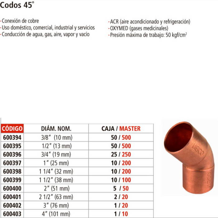 CODO COBRE 45° DE 1 1/4"