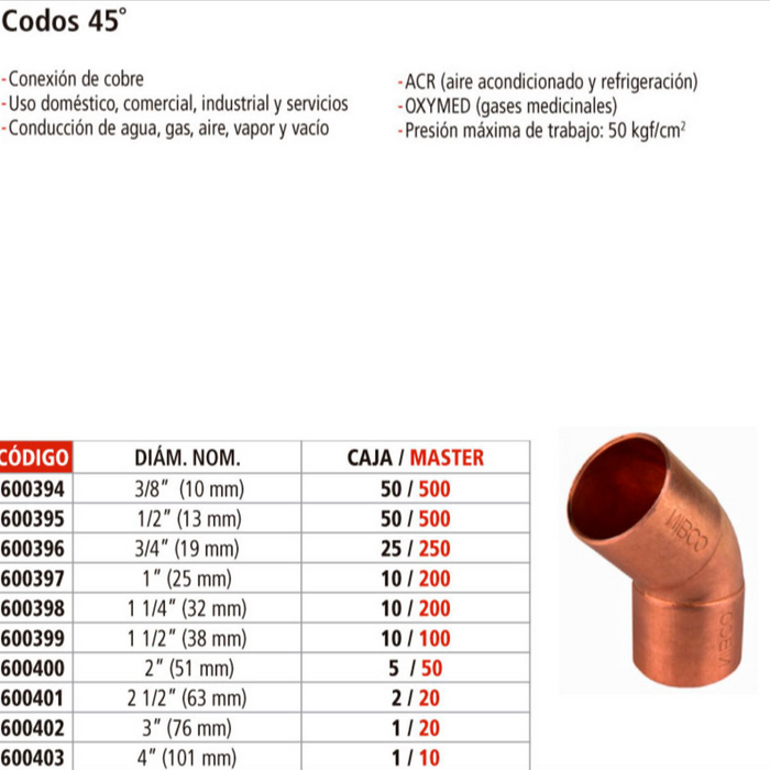 CODO COBRE 45° DE 2"