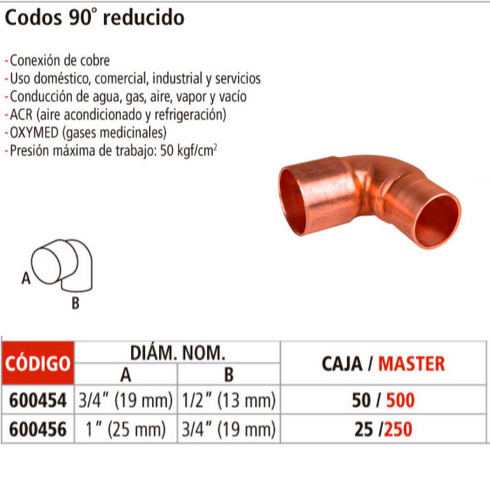 CODO COBRE REDUCCION DE 3/4" X 1/2"