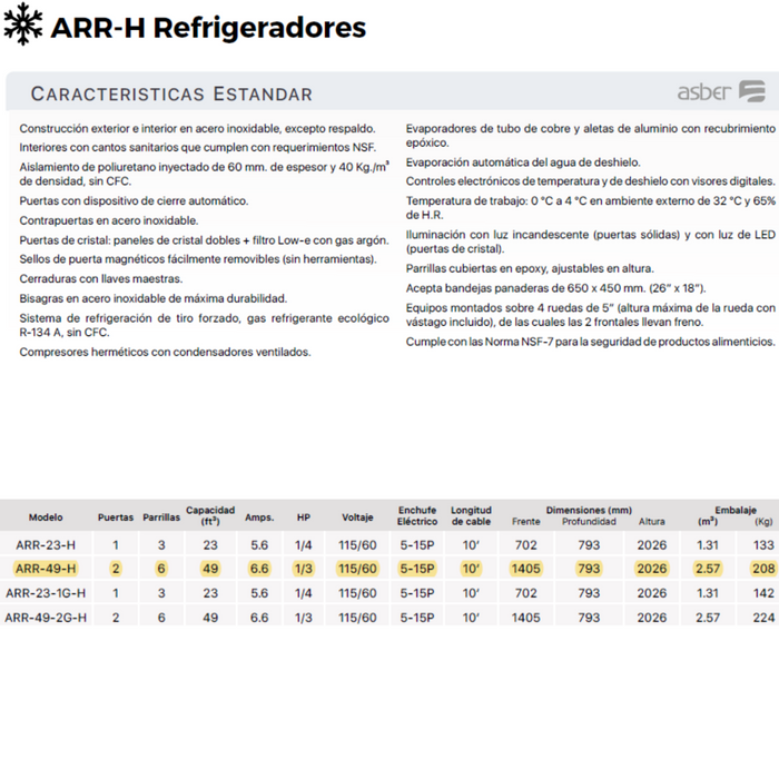 REFRIGERADOR ASBER VERTICAL 2 P SOLIDAS INOX ARR-49-HHC